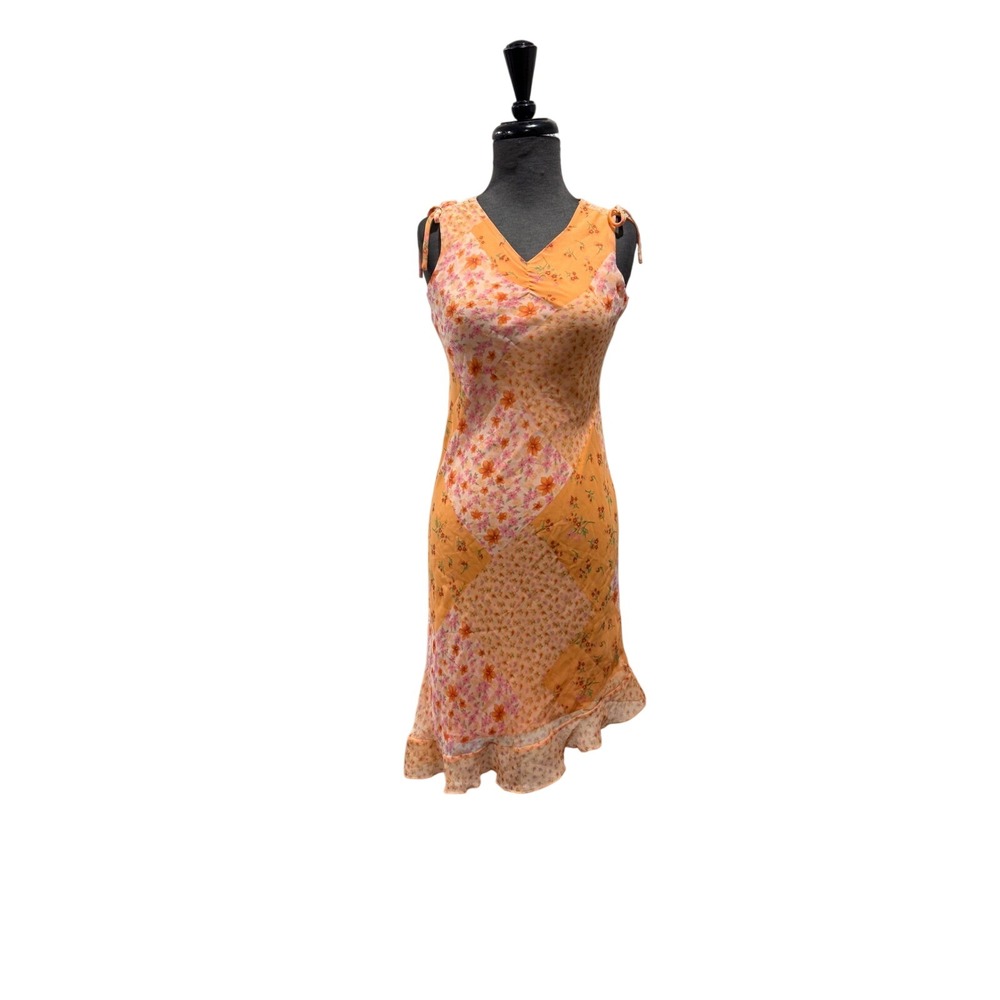 Amy Byer Vintage Floral Patchwork Ruffle‎ Hem Midi Dress Orange Pink Size